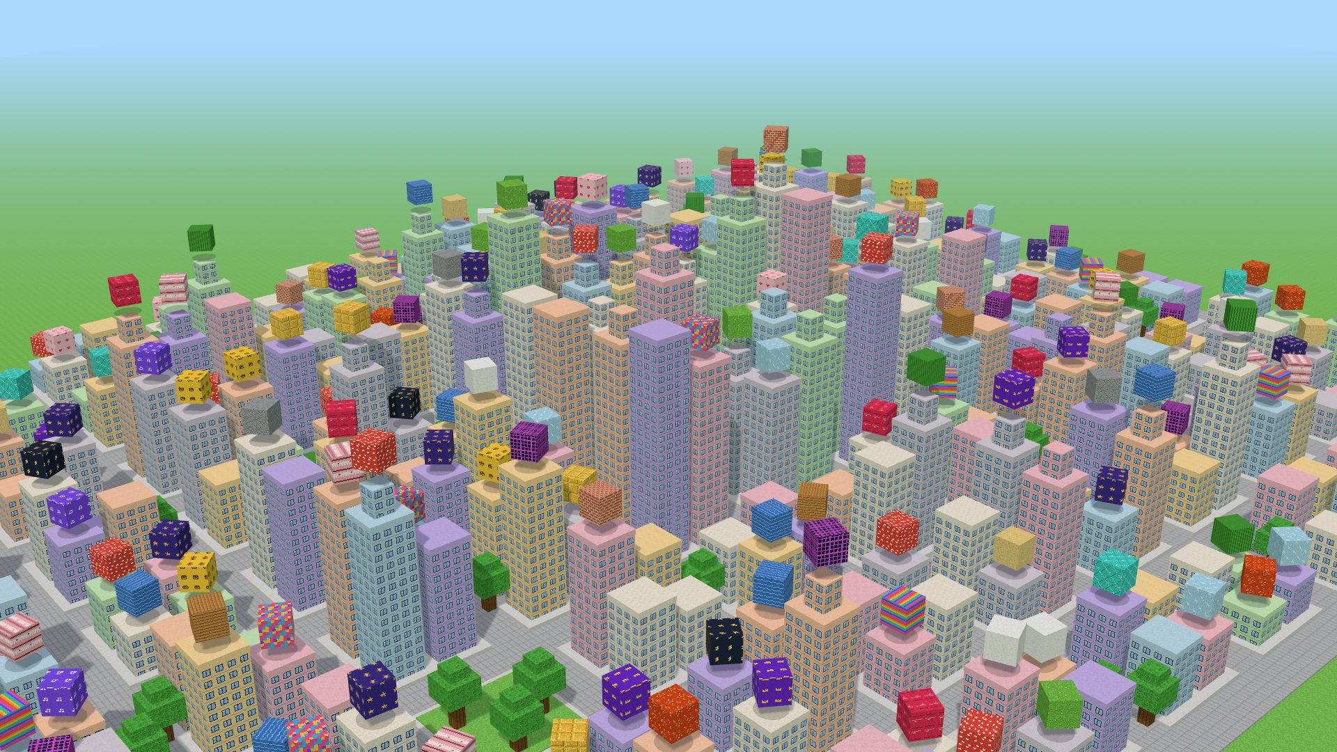 The BlockCity 3D town with blocks on the rooftops
